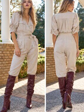 Joie Leroy Canvas Linen Blend Puff Sleeve Wrap Jumpsuit Size S